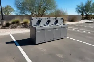 Handwashing station on an asphalt parking lot under bright sunlight in Phoenix, AZ.