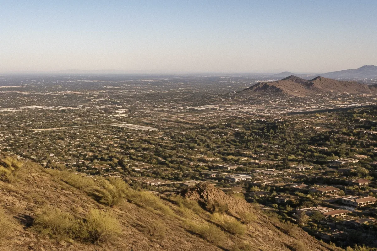 Aerial view of residential neighborhoods, stucco homes, and desert mountains in Phoenix, AZ.