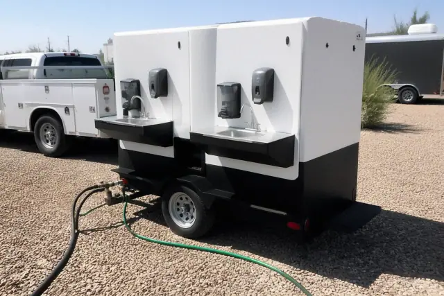 Dual handwashing station trailers on a crushed stone surface in Phoenix, AZ.