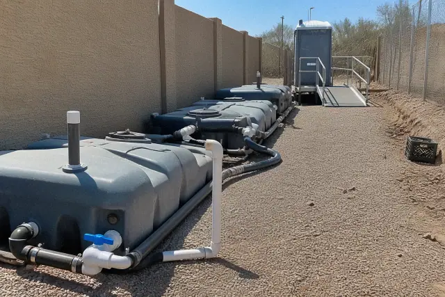 High-capacity linked waste holding tanks and an ADA-compliant portable toilet on a gravel lot in Phoenix, AZ.
