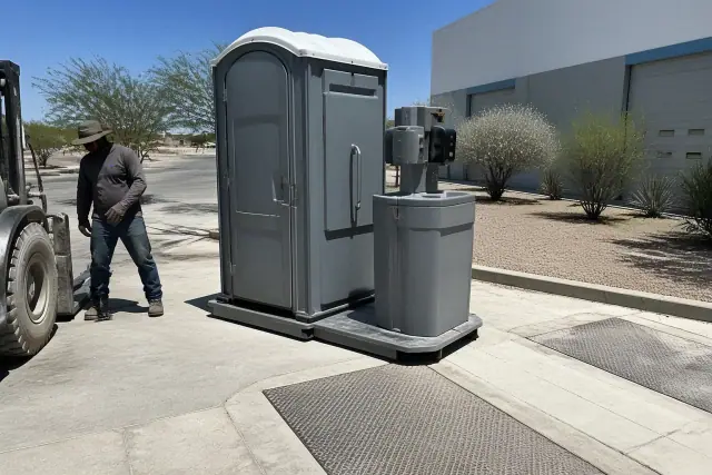 Portable toilet station with a sink on a concrete shipping apron at a jobsite in Phoenix, AZ.