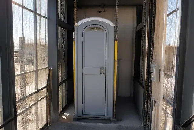 A narrow portable restroom unit inside an industrial service lift in Goodyear, AZ with yellow hoist straps.