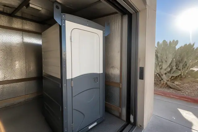 Narrow portable restroom unit in a freight elevator with desert views in Mesa, AZ.