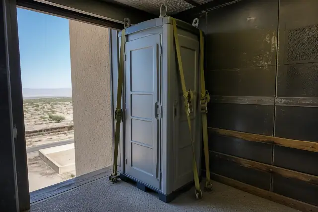 Narrow-profile portable restroom unit in a freight elevator for high-rise crews in Chandler, AZ.