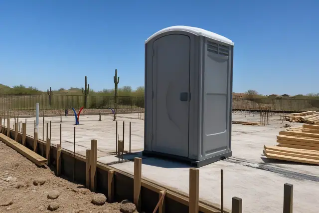 Portable construction toilet on a concrete slab foundation at a jobsite in Phoenix, AZ.