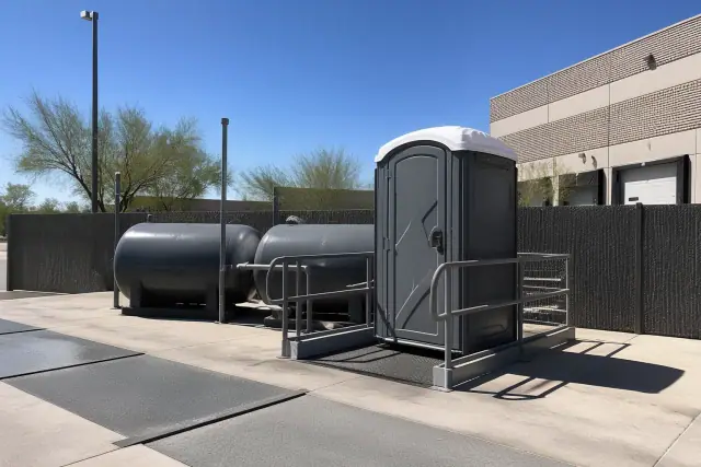 Portable toilet station with waste holding tanks on a concrete loading dock in Phoenix, AZ.
