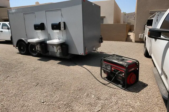 Generator power cable connected to a portable handwashing station on a crushed stone lot in Phoenix, AZ.
