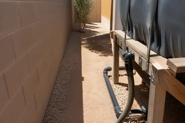 Portable waste holding tank in a side yard with xeric landscaping in Phoenix, AZ.