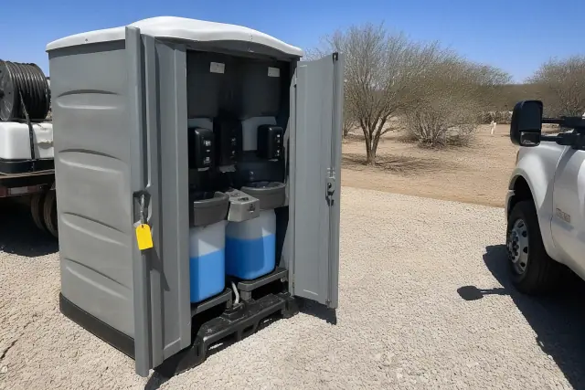 A dual handwashing station on a crushed stone surface at a jobsite in Buckeye, AZ, with service vehicles nearby.