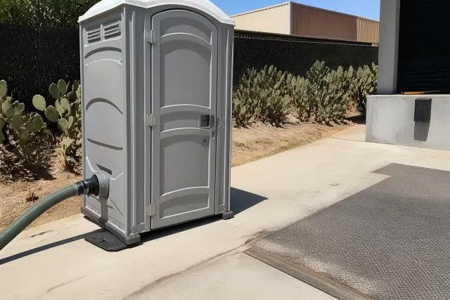 Portable toilet station on a concrete shipping apron at a job site in Tempe, AZ.
