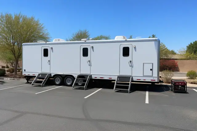 Luxury restroom trailer parked on an asphalt lot with a portable generator in Peoria, AZ.