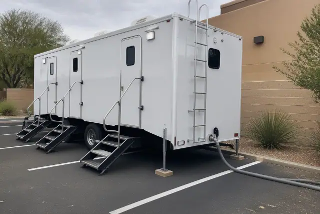 Luxury restroom trailer parked on asphalt at a job site in Glendale, AZ with desert landscaping in the background.