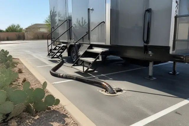 Luxury restroom trailer parked on an asphalt lot with stabilizing jacks and a drainage hose in Gilbert, AZ.