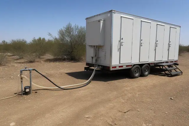 Portable shower trailer connected to a water line on a dirt jobsite in Phoenix, AZ.