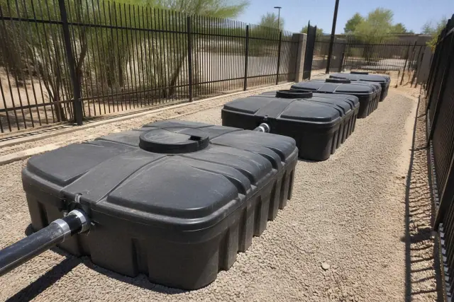 Multiple linked portable waste holding tanks on a gravel jobsite in Phoenix, AZ.