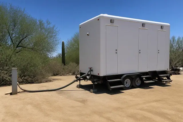 Portable shower trailer with water hoses and leveling blocks at a desert campground in Phoenix, AZ.