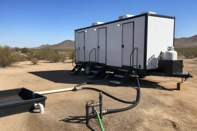 Portable shower trailer connected to a water supply at a jobsite in Glendale, AZ.
