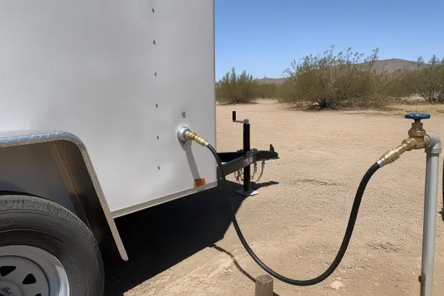 Portable shower trailer connected to a water supply on a desert site in Peoria, AZ.