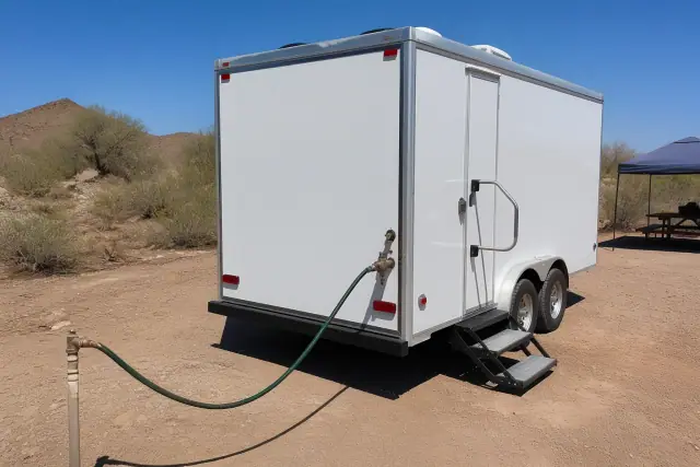 Portable shower trailer connected to a water hose on a dirt lot in Goodyear, AZ.