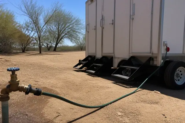 Portable shower trailer connected to a water supply at a campground in Gilbert, AZ.