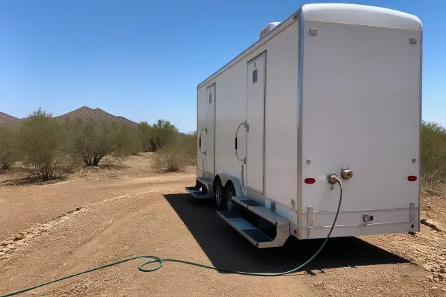 Portable shower trailer connected to a water hose on a dirt lot in Chandler, AZ.