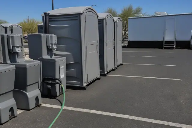 Portable toilets with sinks on an asphalt lot in Glendale, AZ with a visible water supply hose.