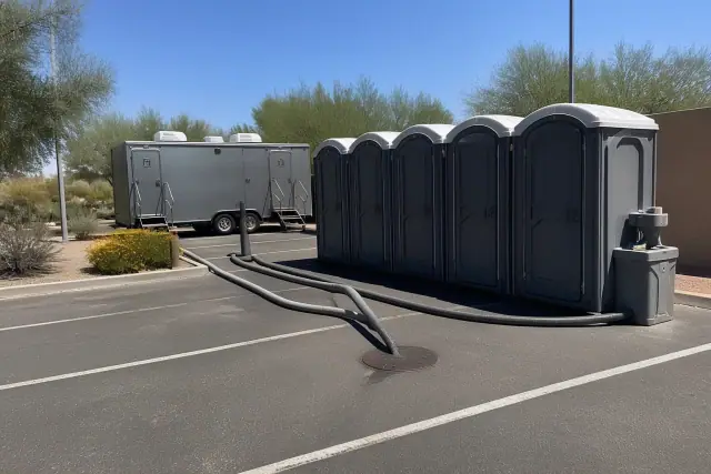 Portable toilets with sinks set up on an asphalt parking lot in Surprise, AZ, with waste hoses visible on the ground.