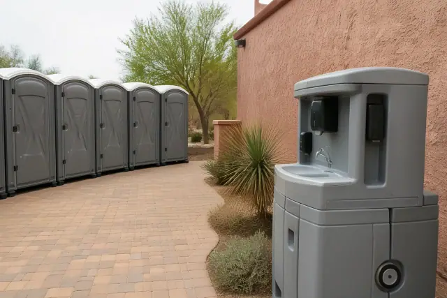 Portable toilets with sinks arranged on a paver patio at an outdoor event venue in Phoenix, AZ.