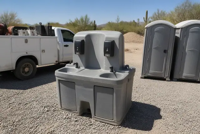 Portable toilet and dual handwashing station on a gravel site in Phoenix, AZ.