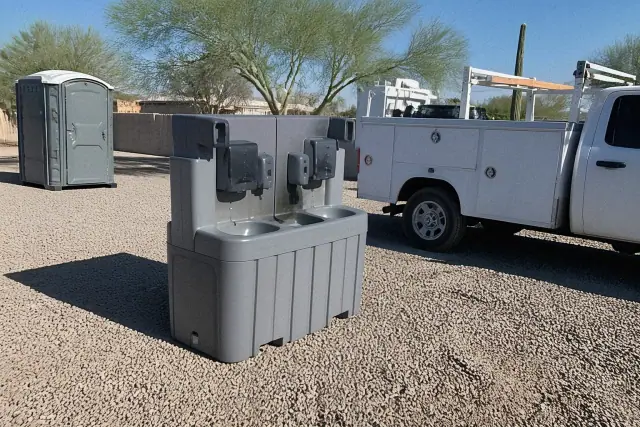 Portable toilets with a handwashing station on a gravel site in Phoenix, AZ, with desert landscaping and sharp shadows.