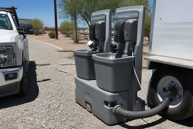 Portable toilet with a handwashing station on a gravel jobsite in Buckeye, AZ.