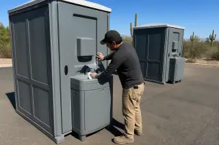 Technician cleaning the sink of a portable toilet on an asphalt lot with cacti in the distance in Phoenix, AZ.