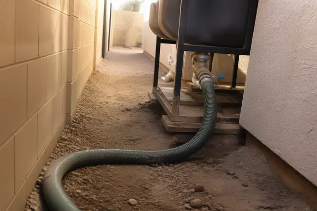 Portable waste holding tank with PVC hoses in a narrow side yard in Chandler, AZ.