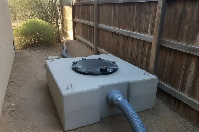 Portable waste holding tank with grey intake hoses on a dirt path in Tempe, AZ.