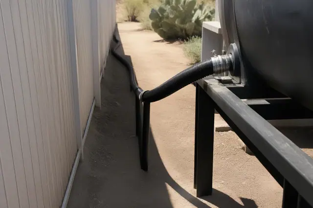 Portable waste holding tank with black drainage hoses on a side yard path in Glendale, AZ.