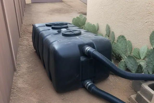 Portable waste holding tank with black hoses clamped to ports in a side yard in Goodyear, AZ.