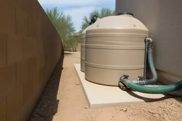 Portable waste holding tank with connection hoses on level ground next to a stucco wall in Phoenix, AZ.