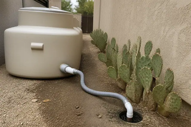 Portable waste holding tank with PVC and sewer hose in a soil corridor next to a stucco wall in Scottsdale, AZ.