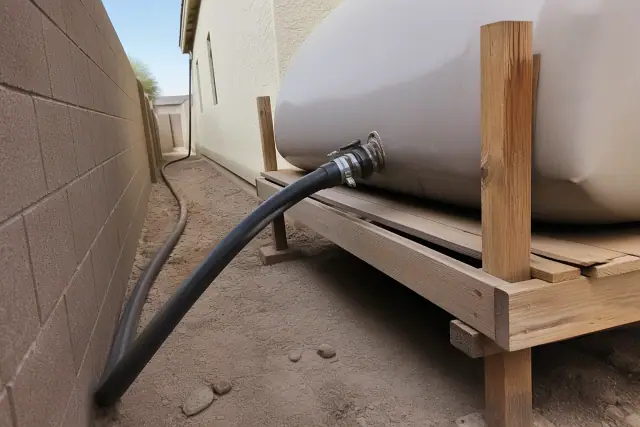 Portable waste holding tank with rubberized hoses on a side-yard path in Buckeye, AZ.