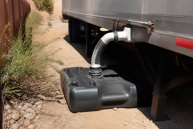 Portable waste holding tank connected to a trailer discharge pipe on a gravel path in Surprise, AZ.