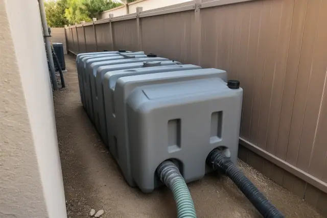 Portable waste holding tank with industrial hoses on a dirt path in Mesa, AZ.