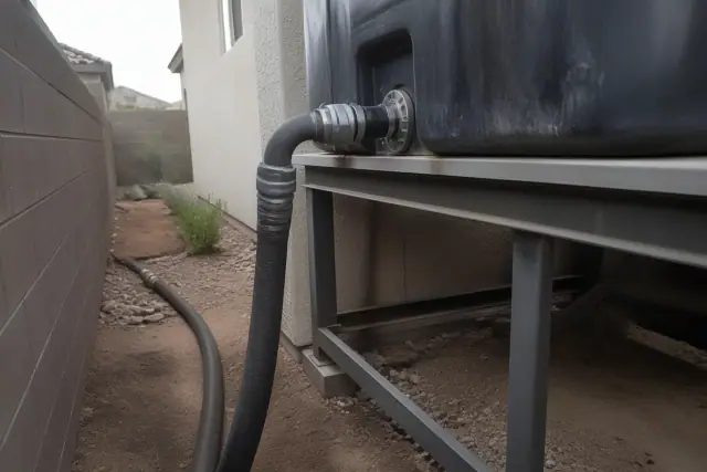 Portable waste holding tank with plumbing hoses in a narrow side yard in Peoria, AZ.