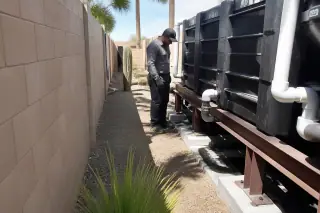 Technician inspecting a portable waste holding tank on a desert soil path in Phoenix, AZ.