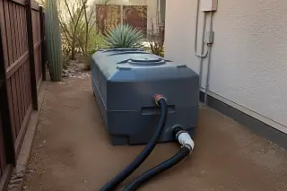 Portable waste holding tank with hoses on a dirt utility path against stucco walls in Phoenix, AZ.