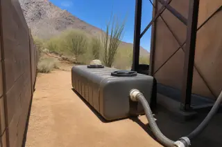 Portable waste holding tank with intake hoses on a dirt utility path against desert mountains in Phoenix, AZ.