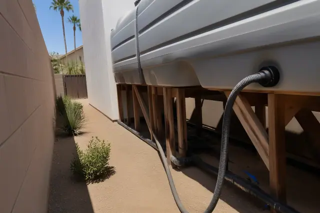 Portable waste holding tanks with connection hoses in a side yard path in Phoenix, AZ.