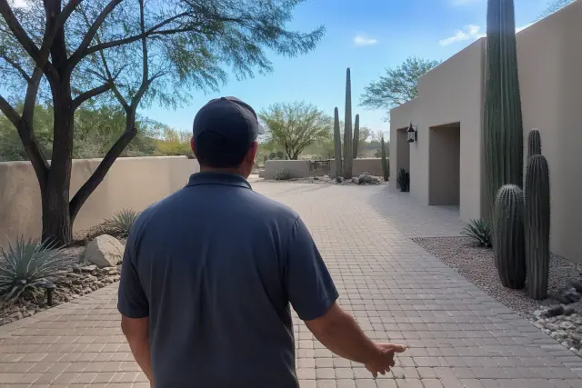 Service professional planning portable toilet placement on a patio with saguaro cacti in Phoenix, AZ.