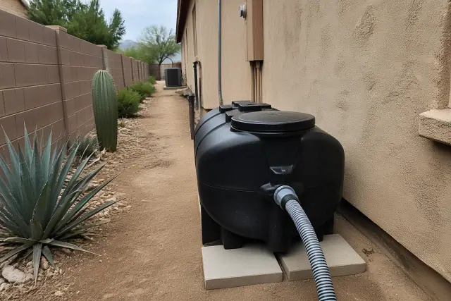 Portable waste holding tank installed in a narrow side yard next to a stucco wall in Phoenix, AZ.