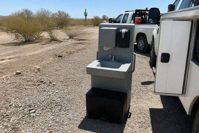A single-basin handwashing station on a gravel lot in Phoenix, AZ with service vehicles and desert brush nearby.