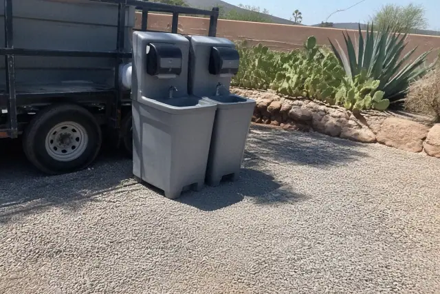 Dual handwashing station set up on a gravel lot in Phoenix, AZ, with desert plants in the background.